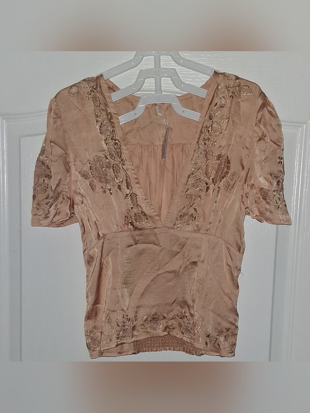 Free People Dusky Pink Embroidered V-Neck Blouse